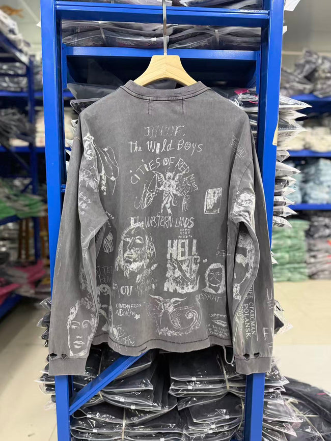 Play Hollywood Vintage‑Wash Grey Cropped Long Sleeve T‑Shirt Main Image