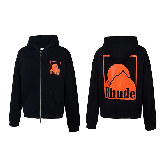 Rhude Mountain Sunset Full Zip Oversized Hoodie Black Hover Image