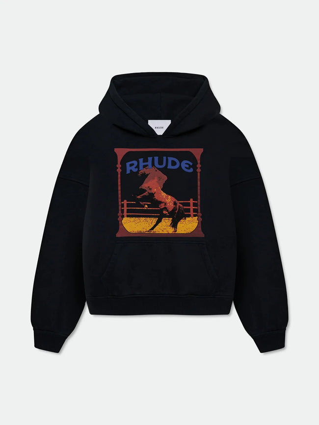 RHUDE Rodeo Horse Cowboy Graphic Hoodie Black Hover Image