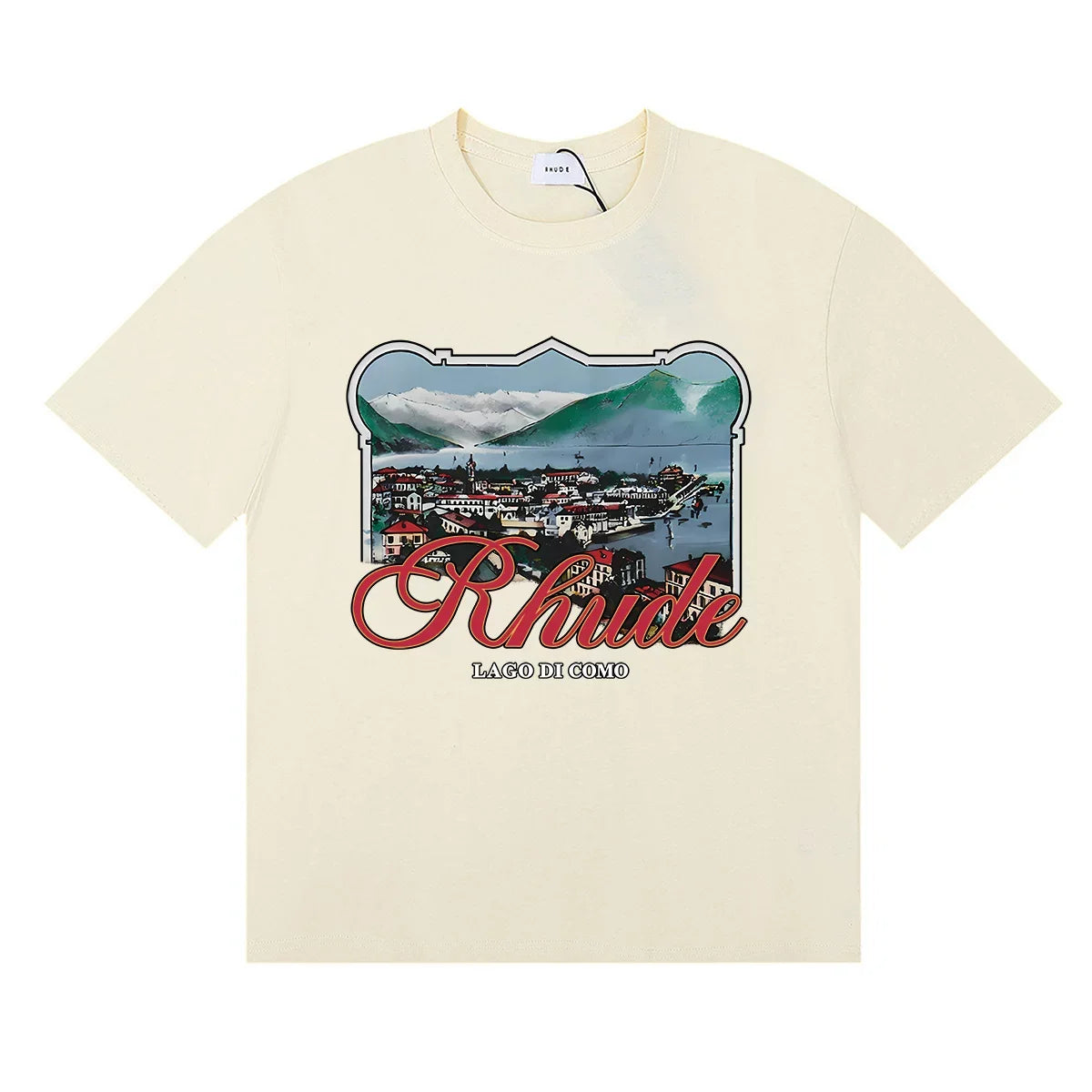 Rhude Coastal Town Postcard Scenery Red Script Logo Cream Oversized T‑Shirt
