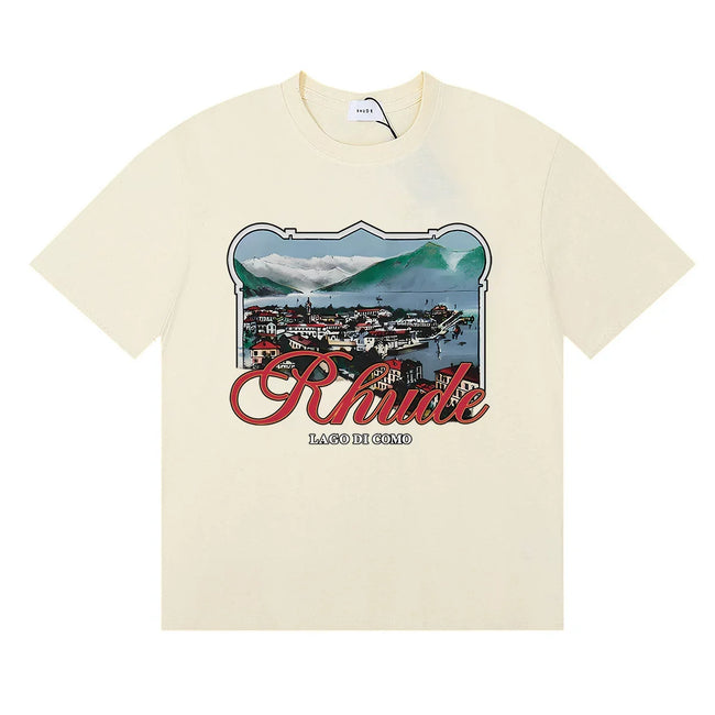 Rhude Coastal Town Postcard Scenery Red Script Logo Cream Oversized T‑Shirt Hover Image