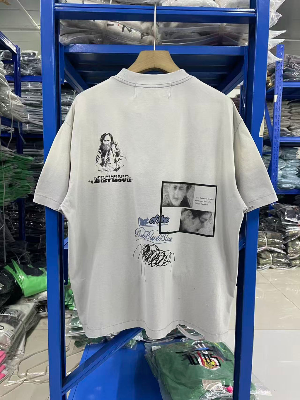 Play Hollywood Vintage‑Wash Faded Blue Oversized Graphic T‑Shirt