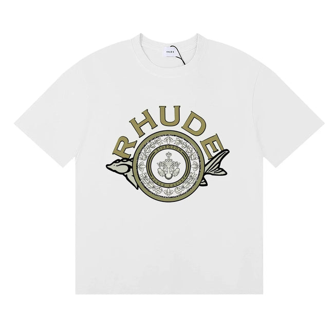 Rhude Ornate Crest Circular Emblem Vintage White Oversized T‑Shirt Hover Image