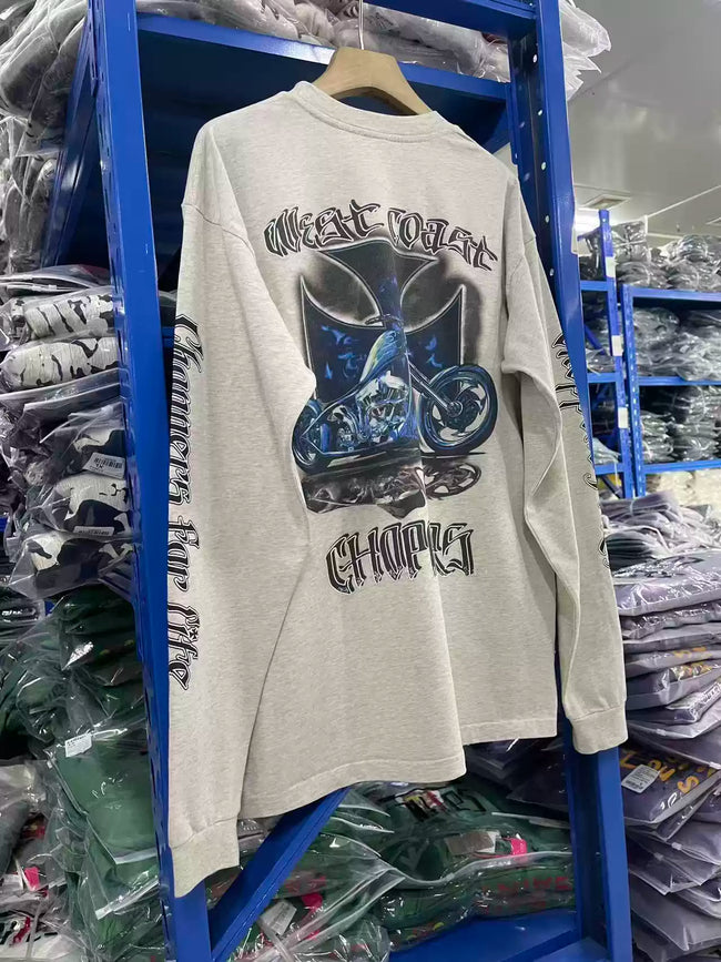 West Coast Choppers Flame‑Cross Sleeve‑Script Print Heather Beige Long‑Sleeve Tee Main Image
