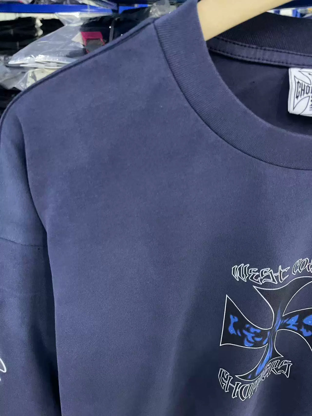 West Coast Choppers Flame‑Cross Sleeve‑Script Print Vintage Wash Long‑Sleeve Tee Navy