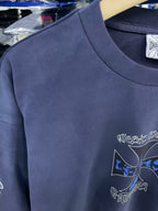 West Coast Choppers Flame‑Cross Sleeve‑Script Print Vintage Wash Long‑Sleeve Tee Navy