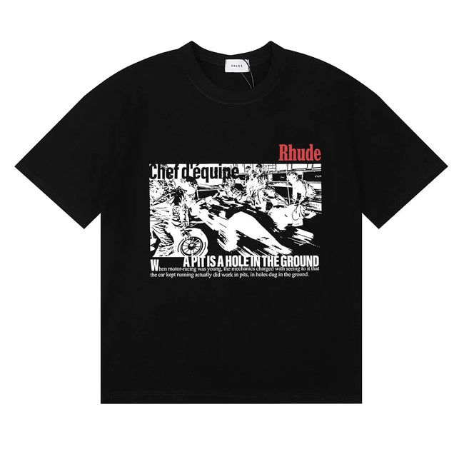 Rhude Black‑White Comic Motif Red Logo Black Oversized T‑Shirt Hover Image