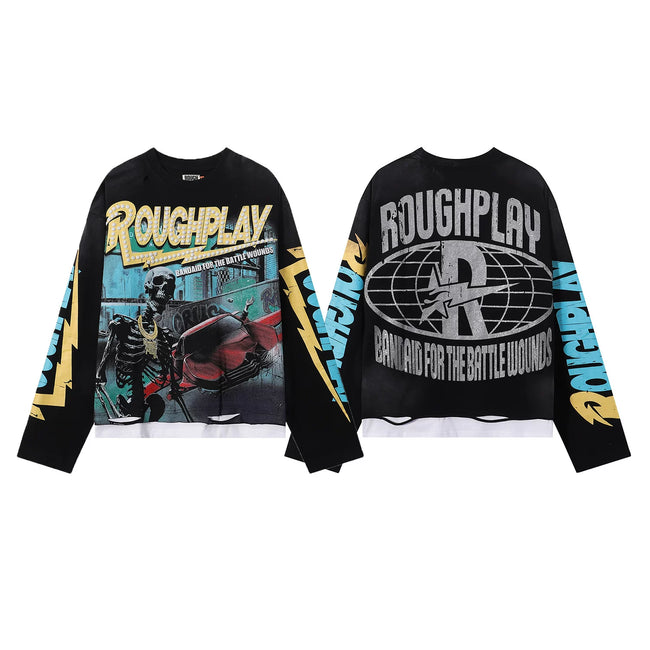 Roughplay Skeleton Retro Race Car Vintage Distressed Long Sleeve T‑Shirt Hover Image