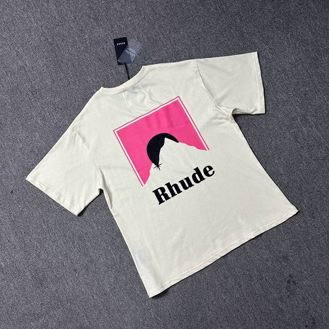 Rhude Vintage Pink Square Mountain Print Crew Neck Casual T‑Shirt Hover Image