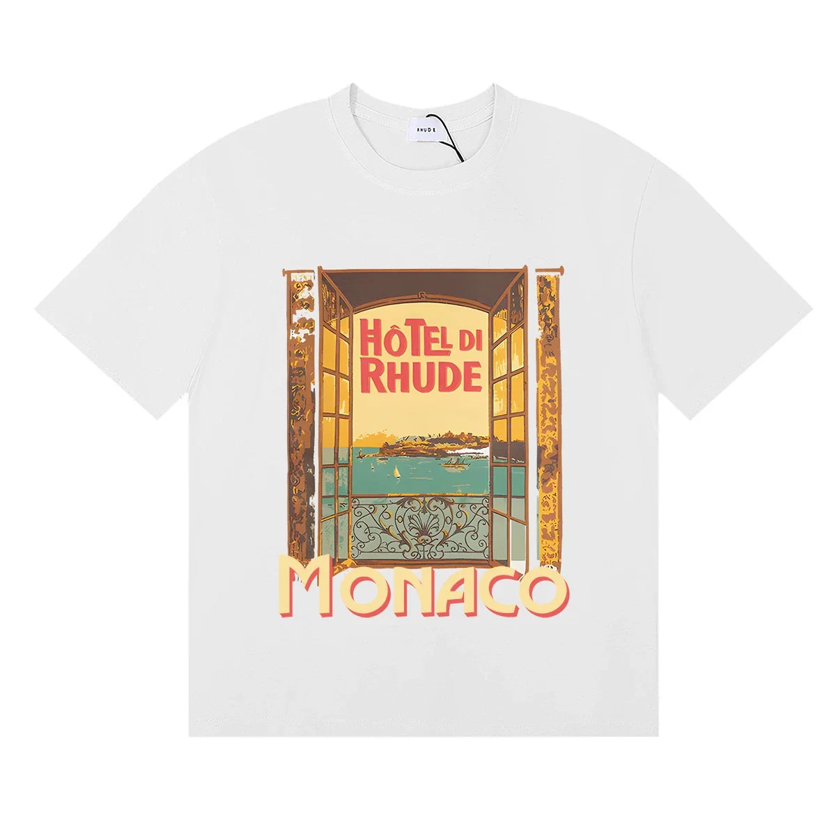Rhude Hotel Di Rhude Monaco Window View Vintage White Oversized T‑Shirt