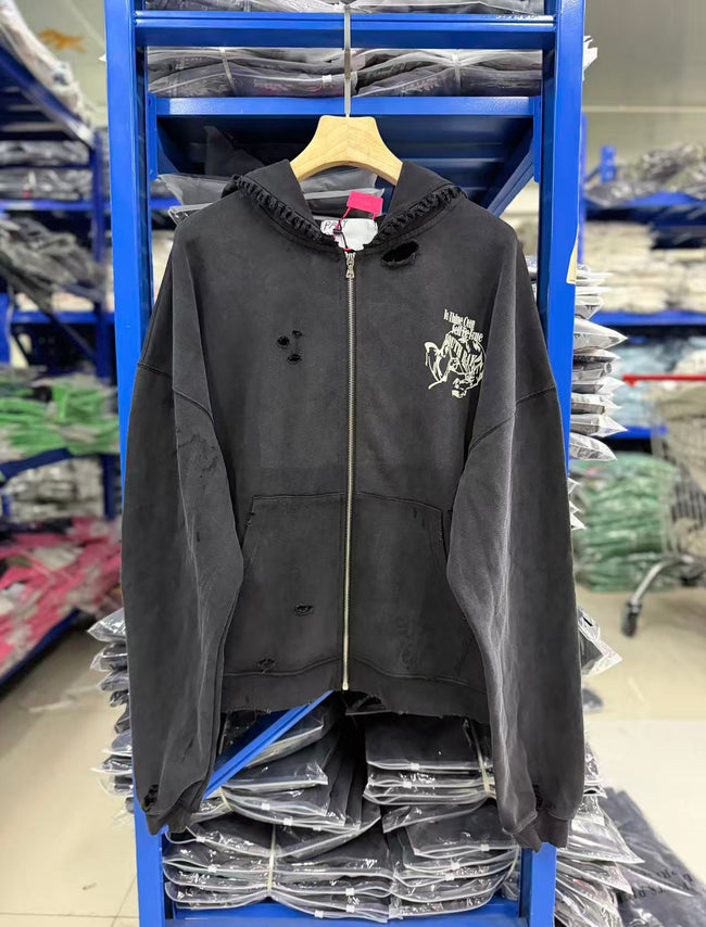 Play Hollywood Vintage‑Wash Black Zip‑Up Cropped Oversized Hoodie Hover Image