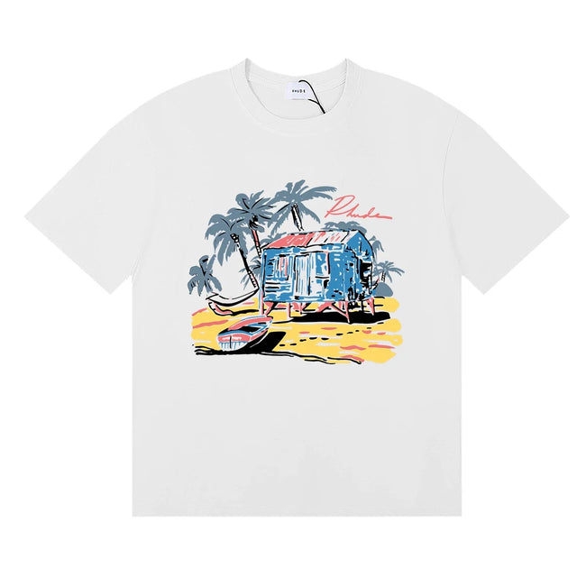 Rhude Tropical Beach Hut Palm Tree Retro White Oversized T‑Shirt Hover Image