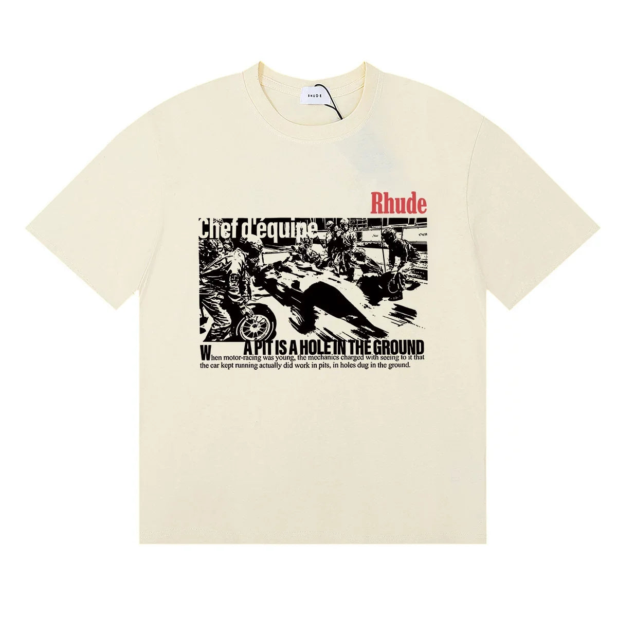 Rhude Black‑White Comic Motif Red Logo Cream Oversized T‑Shirt