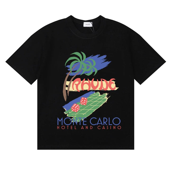 Rhude Monte Carlo Hotel Casino Palm Tree Vintage Black Oversized T‑Shirt Hover Image