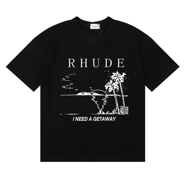 Rhude I Need A Getaway Beach Palm Tree Graphic Black Oversized T‑Shirt Hover Image