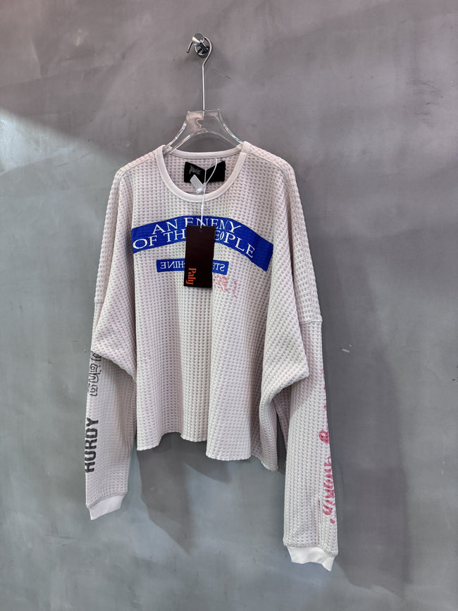 Play Hollywood Off‑White Crinkle Waffle Knit Cropped Long Sleeve Tee Hover Image