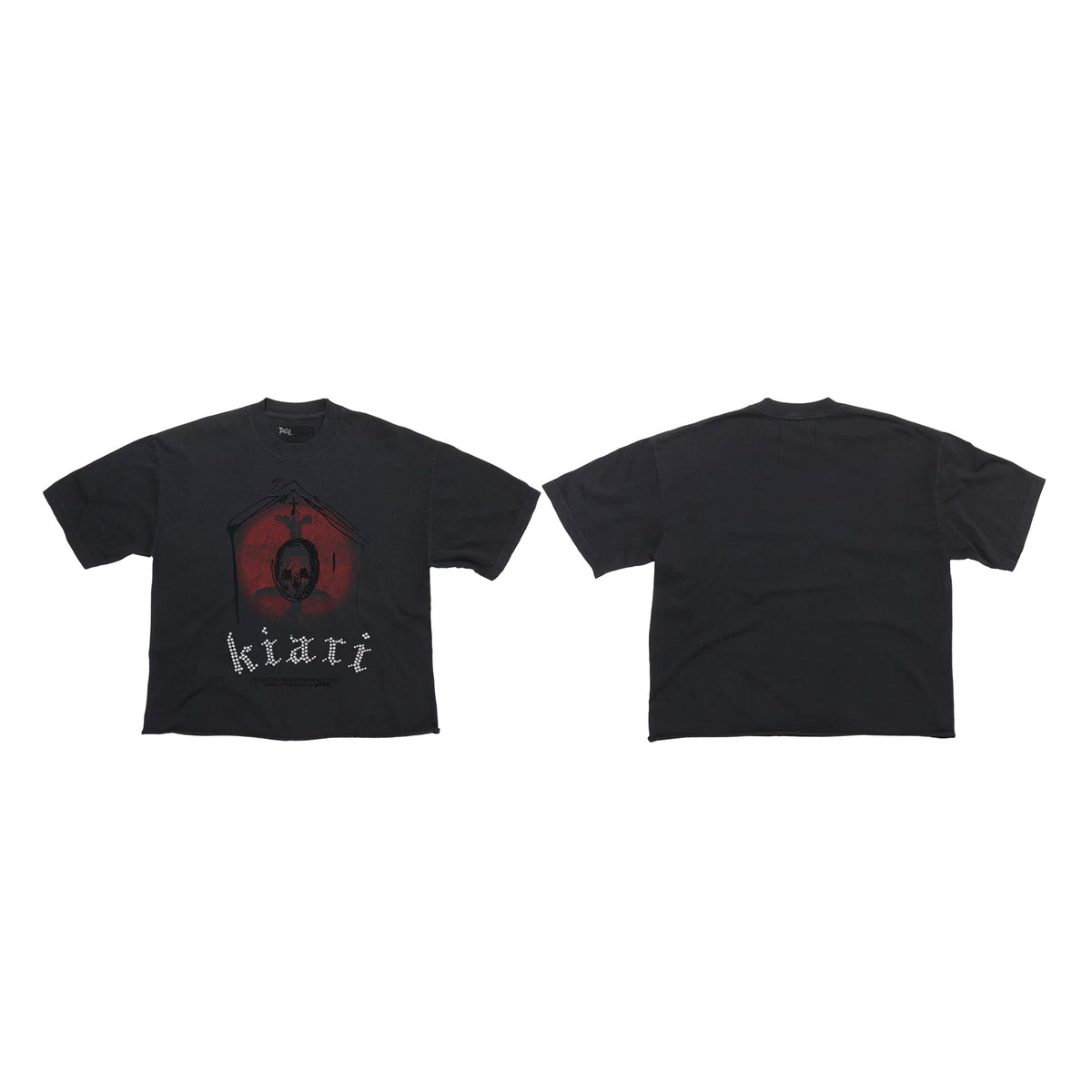 Play Hollywood Kiari Dark Church‑House Red‑Tint Graphic Cropped Boxy Short‑Sleeve Tee