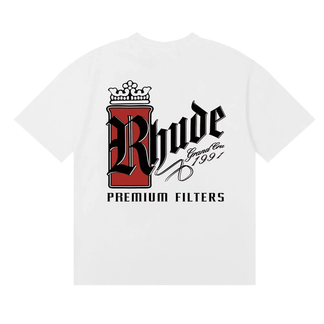 Rhude Crown Premium Filters Gothic Logo White Oversized T‑Shirt Hover Image