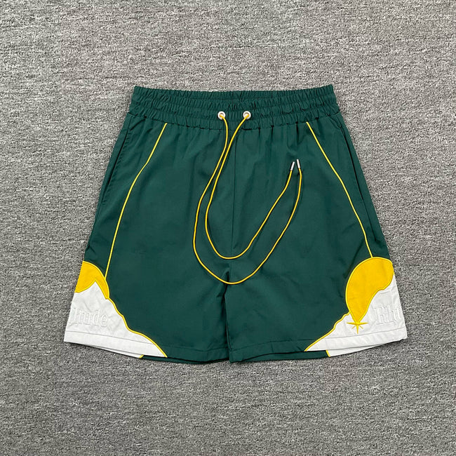 Rhude Dark Green Mountain Graphic Nylon Shorts Hover Image