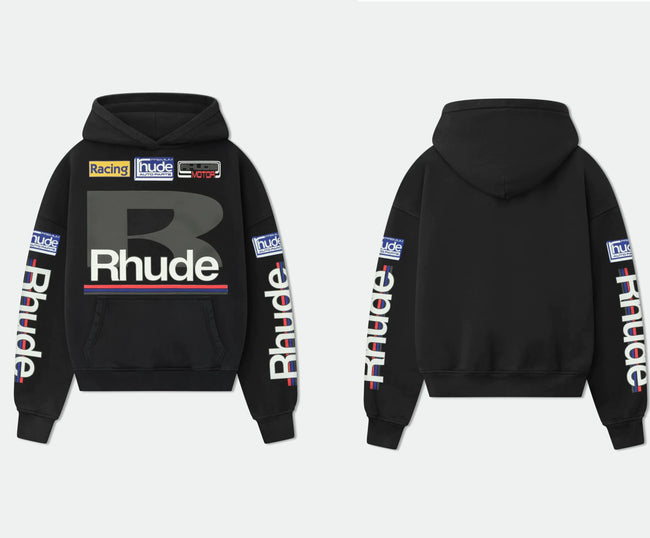RHUDE Multi-Sponsor Racing Hoodie Black Hover Image