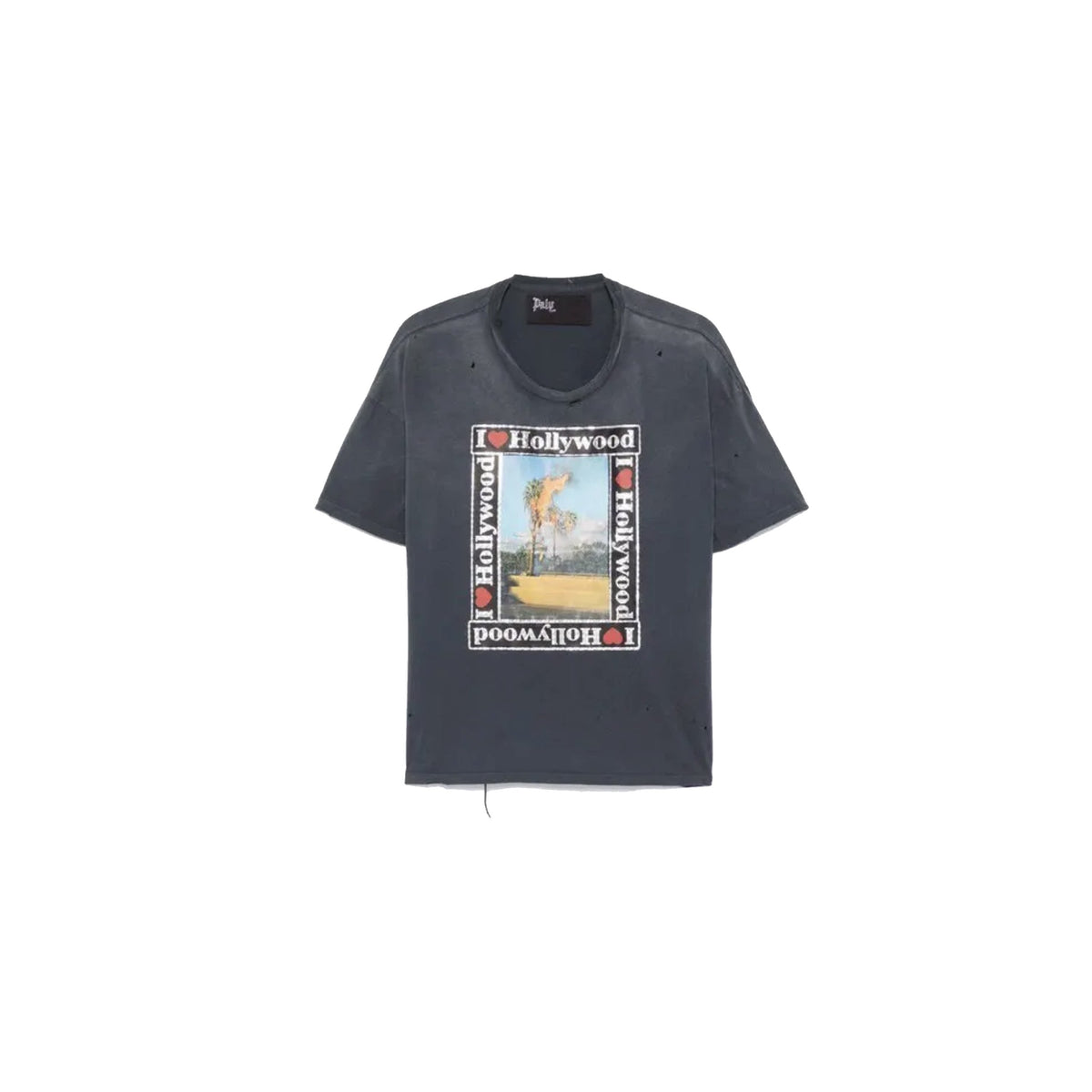 Play Hollywood I Love Hollywood Square‑Frame Palm‑Tree Photo Distressed‑Wash Cropped Boxy Short‑Sleeve Tee