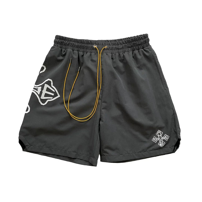 Rhude Cross Graphic Dark Grey Nylon Shorts Hover Image
