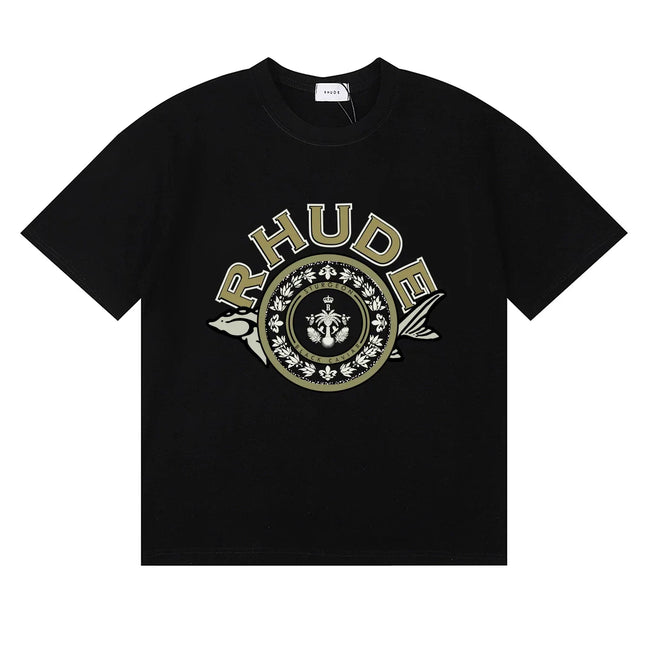 Rhude Ornate Crest Circular Emblem Vintage Black Oversized T‑Shirt Hover Image