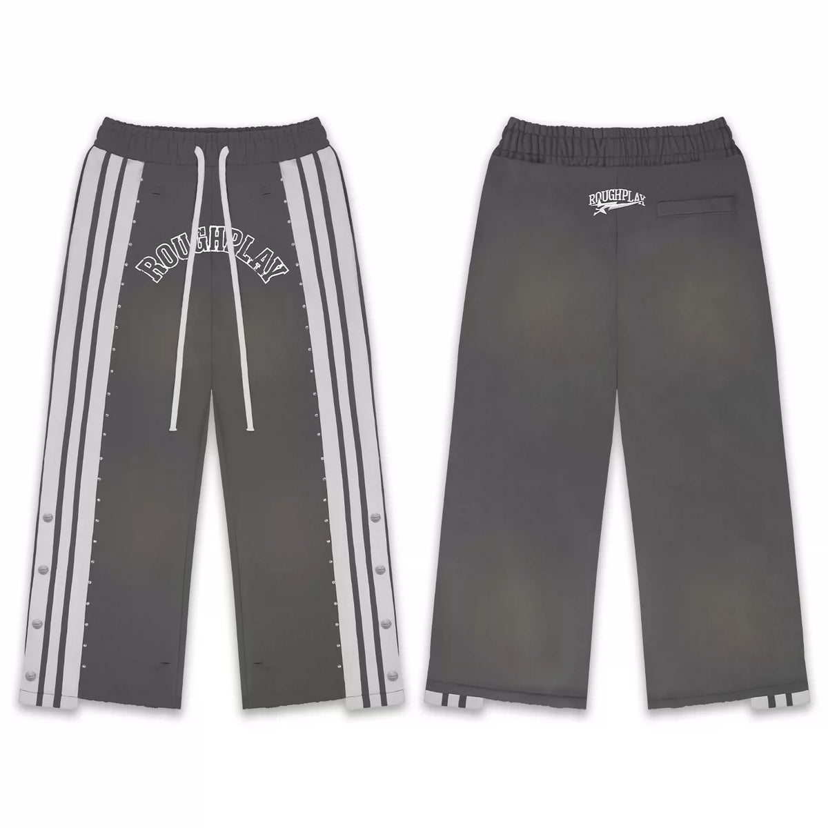 Roughplay Dark Grey Side‑Stripe Snap Button Wide Leg Sweatpants