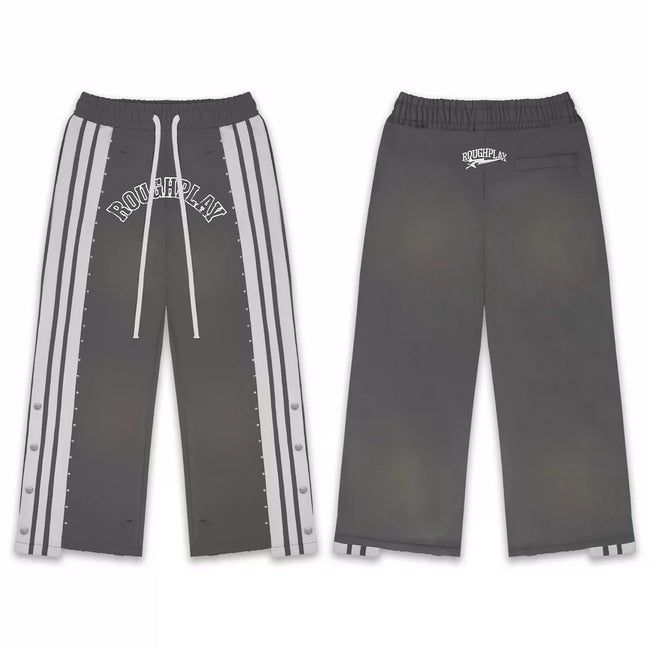 Roughplay Dark Grey Side‑Stripe Snap Button Wide Leg Sweatpants Hover Image