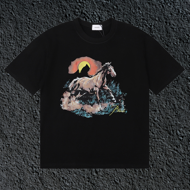 Rhude Wild Horse Sunset Western Landscape Black Oversized T‑Shirt Hover Image