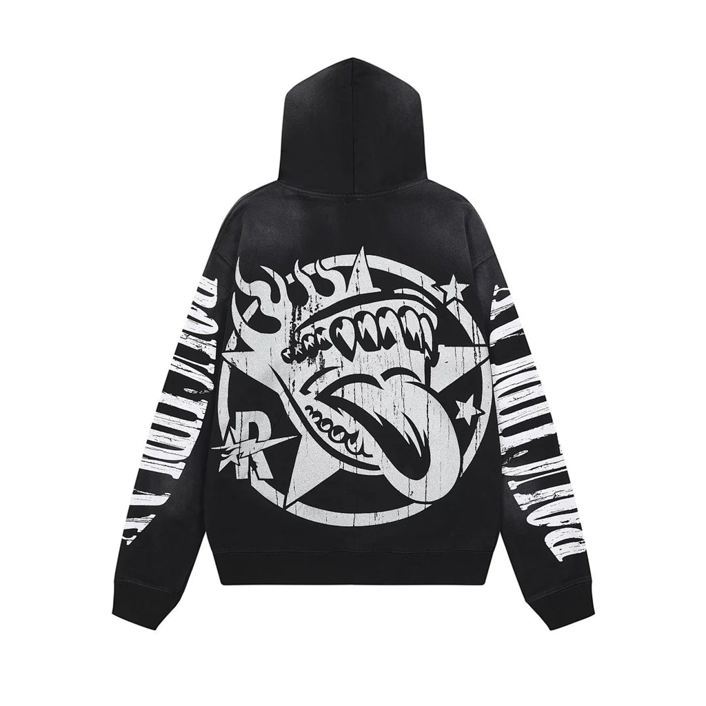 Roughplay B&W Skeleton Drummer Tongue Star Vintage Distressed Hoodie