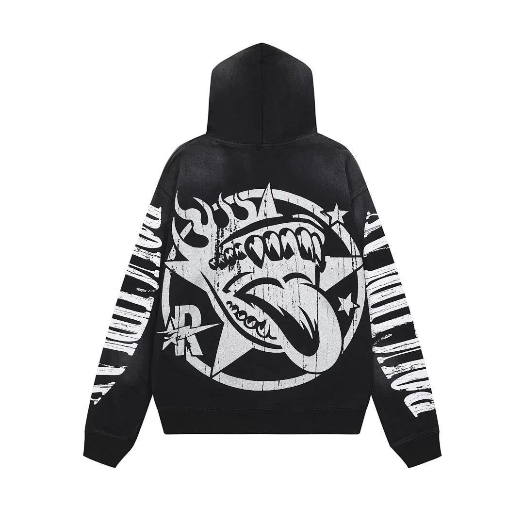 Roughplay B&W Skeleton Drummer Tongue Star Vintage Distressed Hoodie
