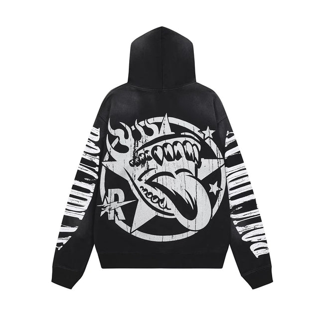 Roughplay B&W Skeleton Drummer Tongue Star Vintage Distressed Hoodie Main Image