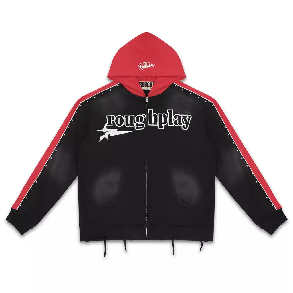 Roughplay Black Red Color‑Block Zip‑Up Hoodie
