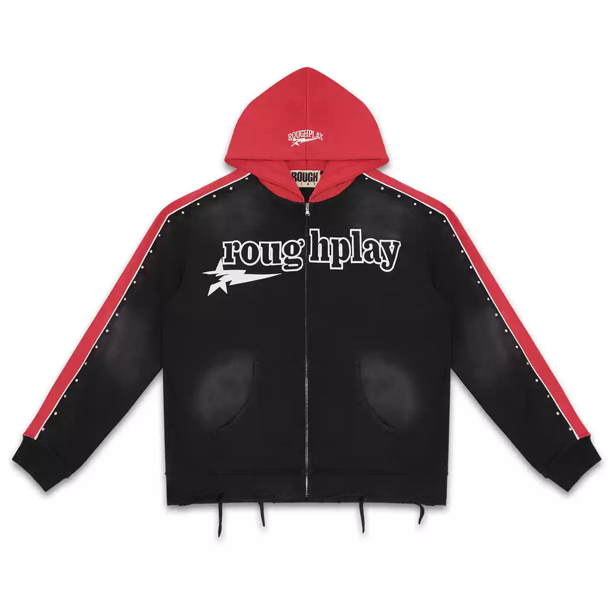 Roughplay Black Red Color‑Block Zip‑Up Hoodie