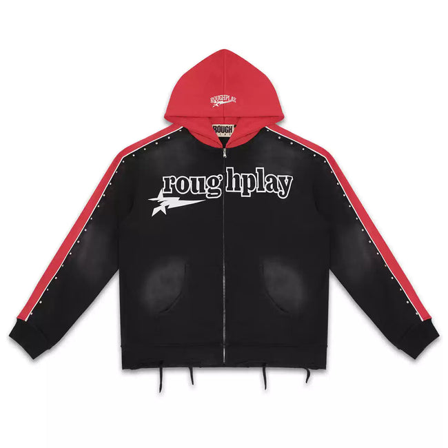 Roughplay Black Red Color‑Block Zip‑Up Hoodie Hover Image
