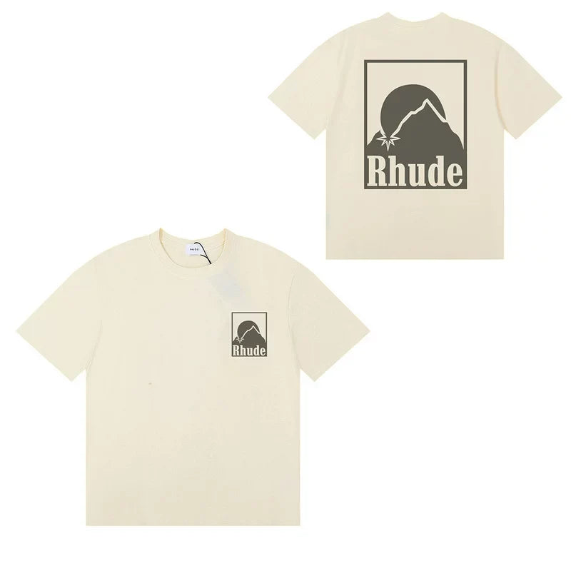 1. Rhude Mountain Sunset Front Back Graphic Oversized Tee Cream