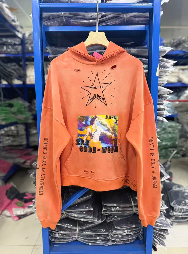 Play Hollywood Vintage‑Wash  Orange Cropped Pullover Oversized Hoodie Hover Image