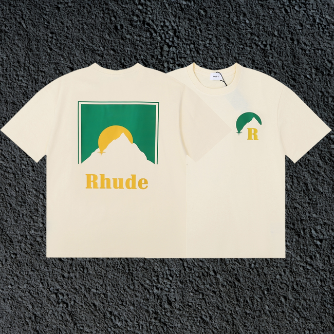 Rhude Sun Mountain Dual Sided Front Chest Back Panel Cream Oversized T‑Shirt Hover Image