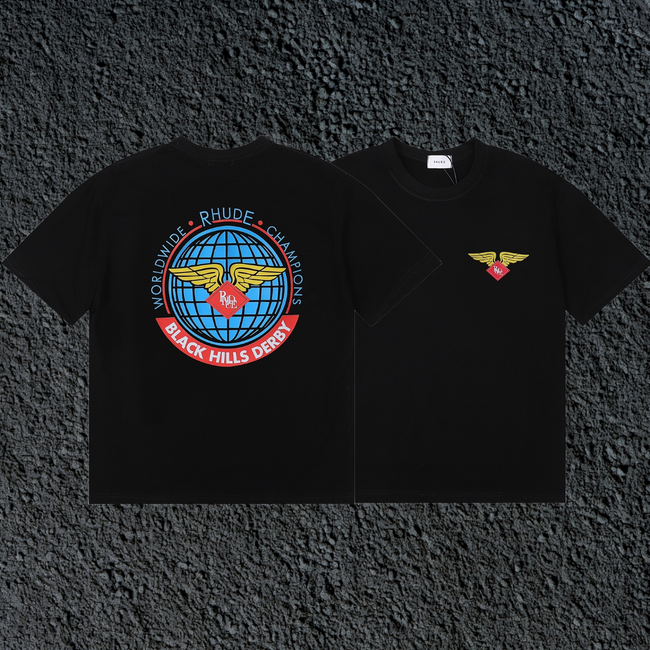 Rhude Black Hills Derby Globe Wing Back Print Black Oversized T‑Shirt Hover Image