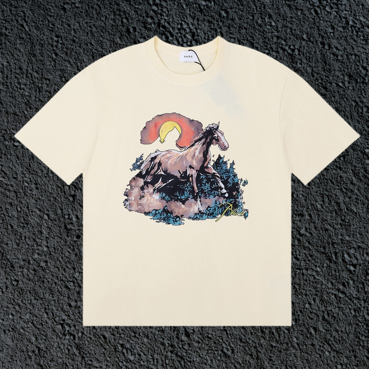 Rhude Wild Horse Sunset Western Landscape Cream Oversized T‑Shirt