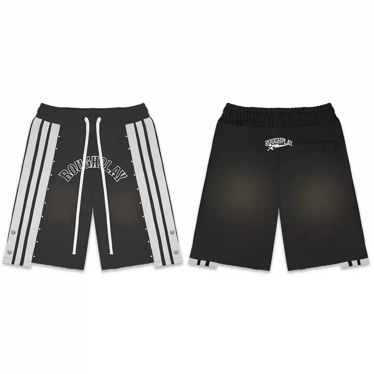 Roughplay Black Side‑Stripe Snap Button Sweat Shorts