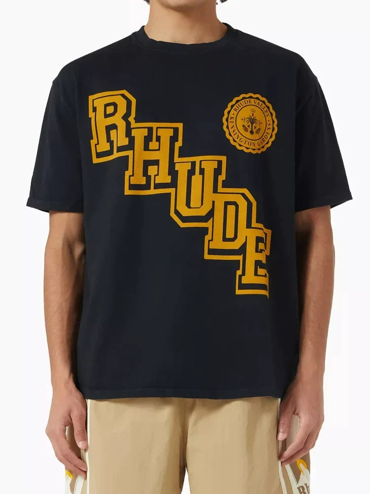 Rhude Varsity Gold Letter Crest Oversized T‑Shirt Black