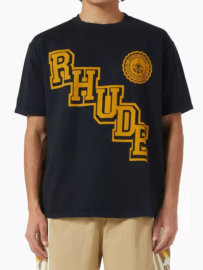 Rhude Varsity Gold Letter Crest Oversized T‑Shirt Black Hover Image