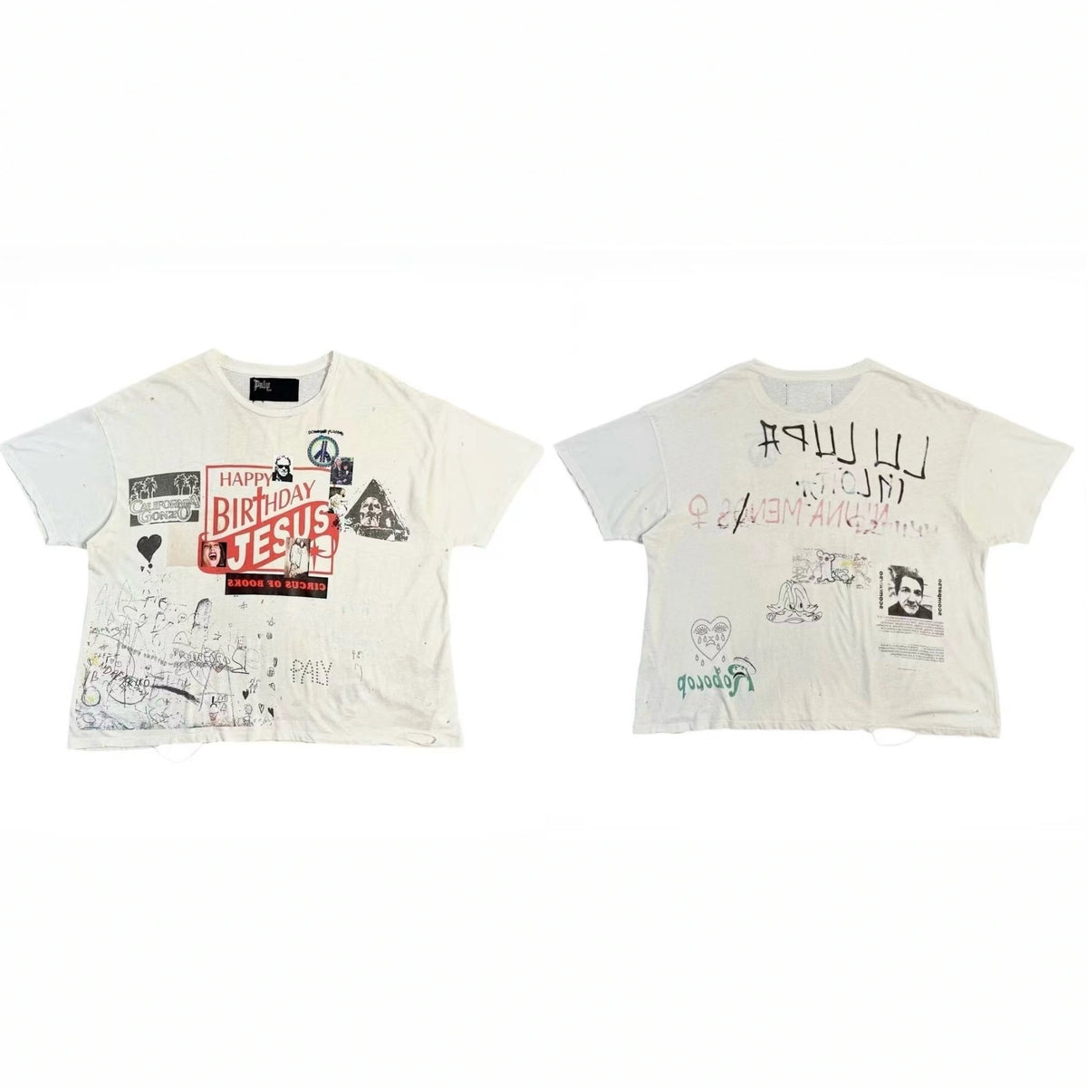 Play Hollywood Happy Birthday Jesus Scrapbook‑Collage Dual‑Sided Hand‑Scribble Multi‑Patch Cropped Boxy Short‑Sleeve Tee