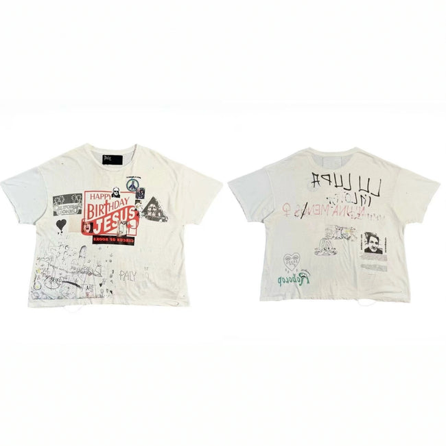 Play Hollywood Happy Birthday Jesus Scrapbook‑Collage Dual‑Sided Hand‑Scribble Multi‑Patch Cropped Boxy Short‑Sleeve Tee Hover Image