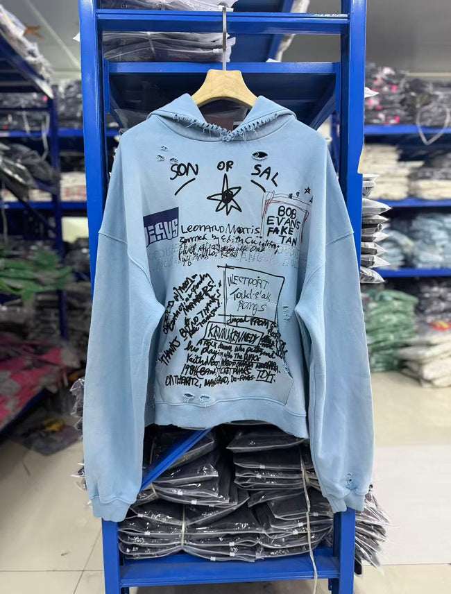 Play Hollywood Vintage‑Wash Light Blue Cropped Oversized Hoodie Hover Image