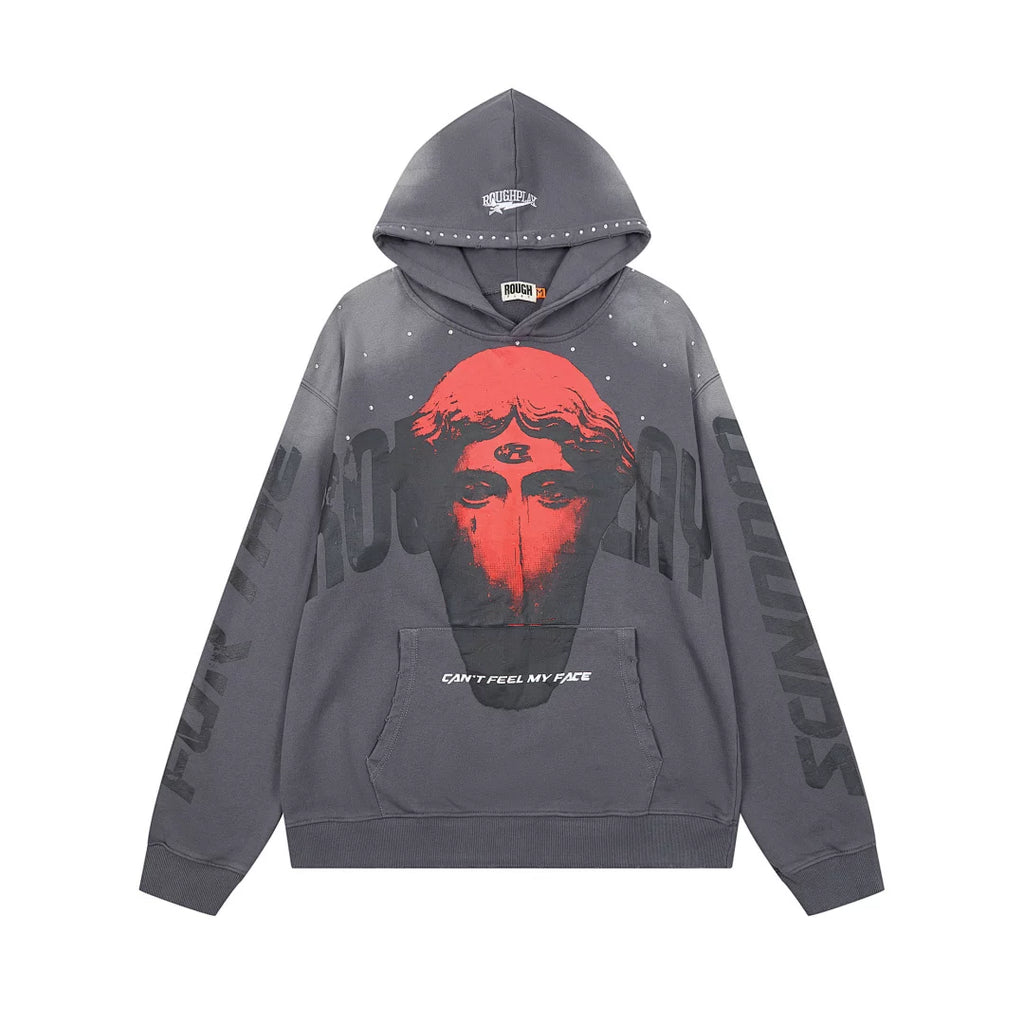 Roughplay Red Third‑Eye Statue Can’t Feel My Face Vintage Acid Wash Hoodie