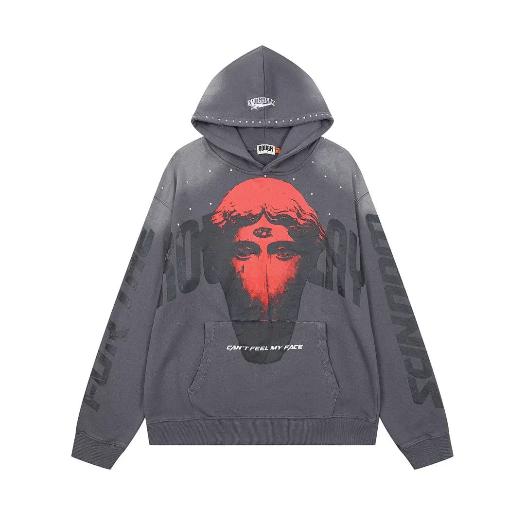 Roughplay Red Third‑Eye Statue Can’t Feel My Face Vintage Acid Wash Hoodie