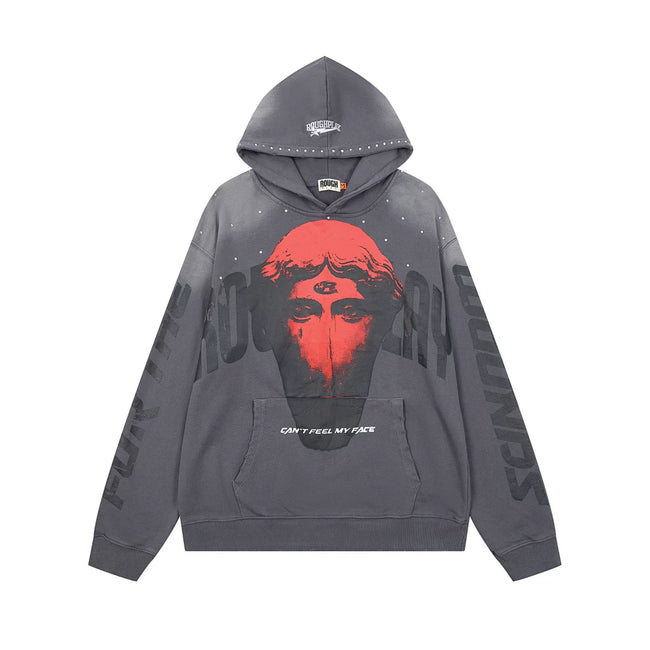 Roughplay Red Third‑Eye Statue Can’t Feel My Face Vintage Acid Wash Hoodie Hover Image